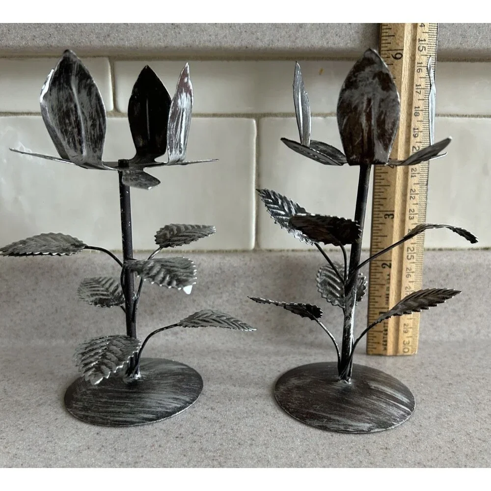 Black Metal Flower Tealight Holder 5.5” Tall Hong Kong Lot Of 2 Vintage
